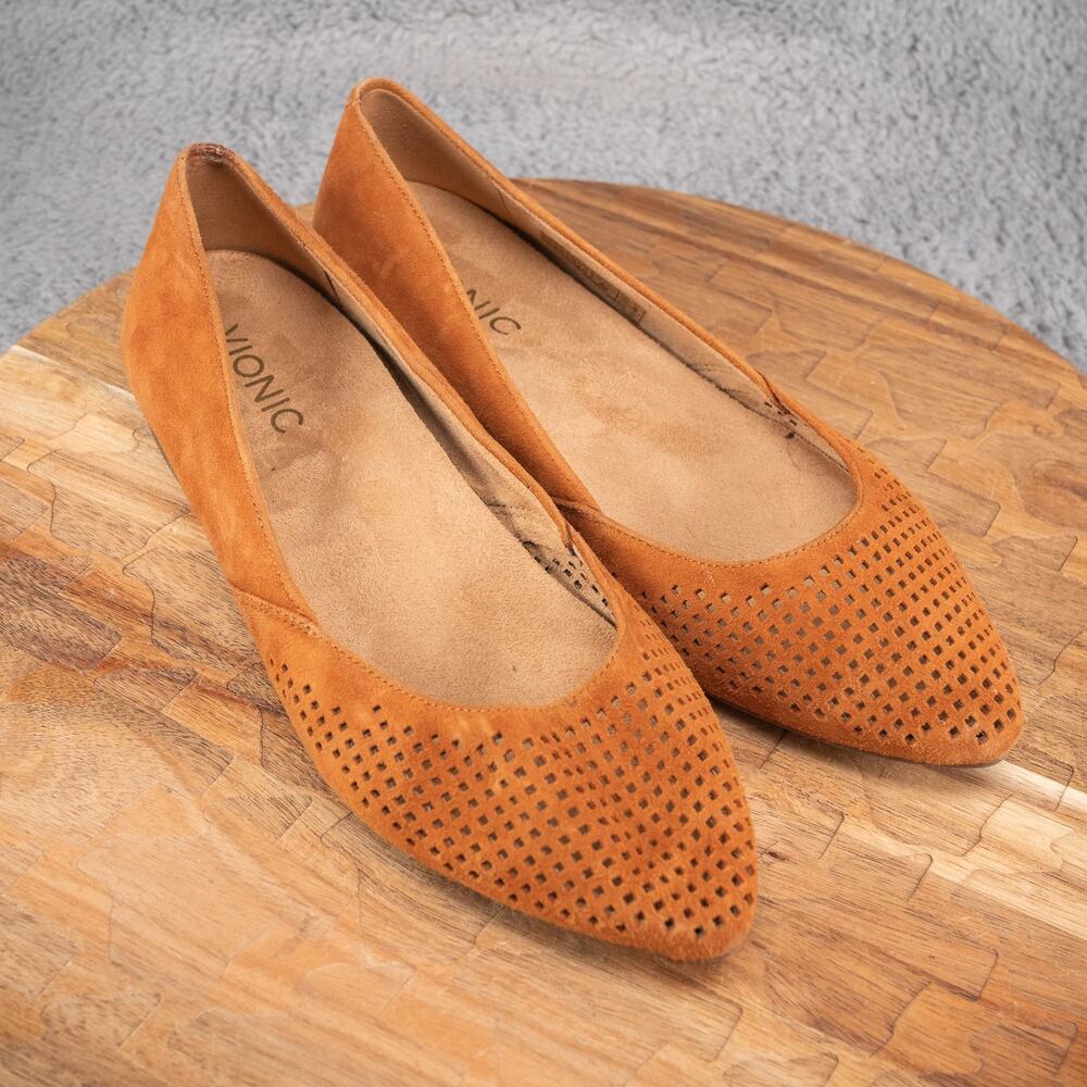Vionic Tan Suede Perforated Pointed Ballet Flats